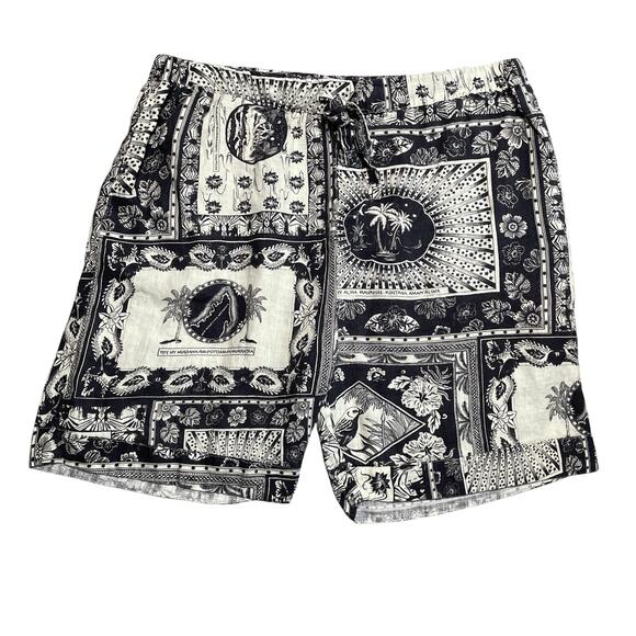 Desmond Dempsey Shorts Mens XL Black Print Linen Luxury Pyjama Resort Casual - Picture 1 of 11